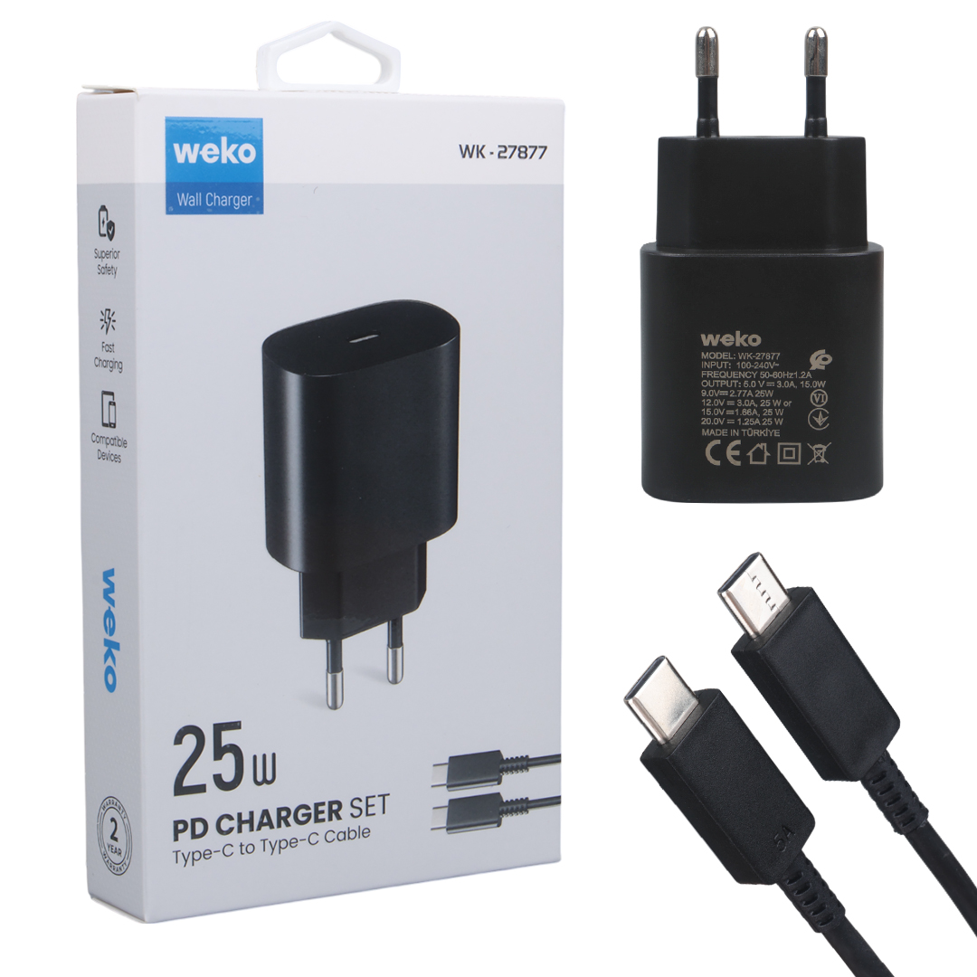 WEKO WK-27877 NOTE10 25 WATT SİYAH ŞARJ BAŞLIK ADAPTÖRÜ + TYPE-C TO TYPE-C KABLO