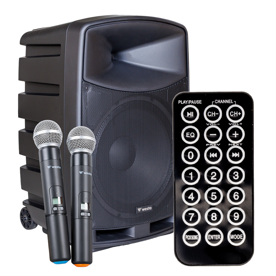 WESTA WAP-12505 300 WATT 12" 2 YOLLU 16*2 KANAL 2 EL TELSİZ MİKROFONLU BLUETOOTH ÖZELLİKLİ ŞARJLI AKTİF KABİN HOPARLÖR