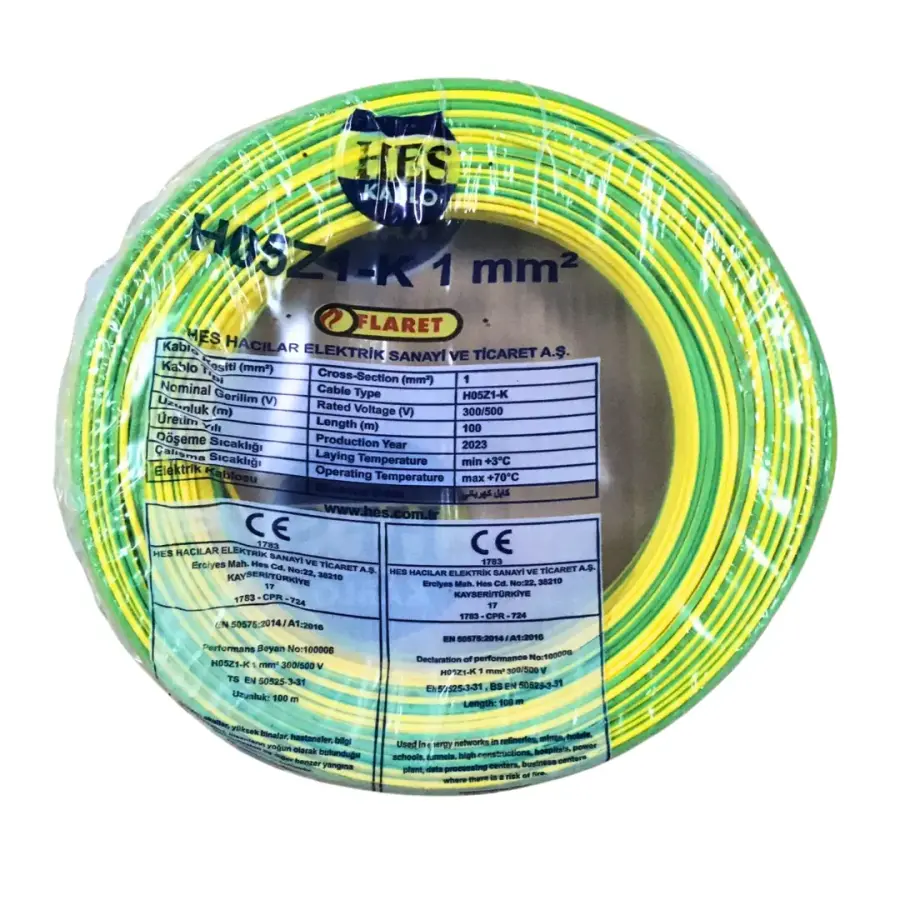 Hes Nyaf Kablo 1 Mm Sarıyeşil (H05z1-K) Halojen Free