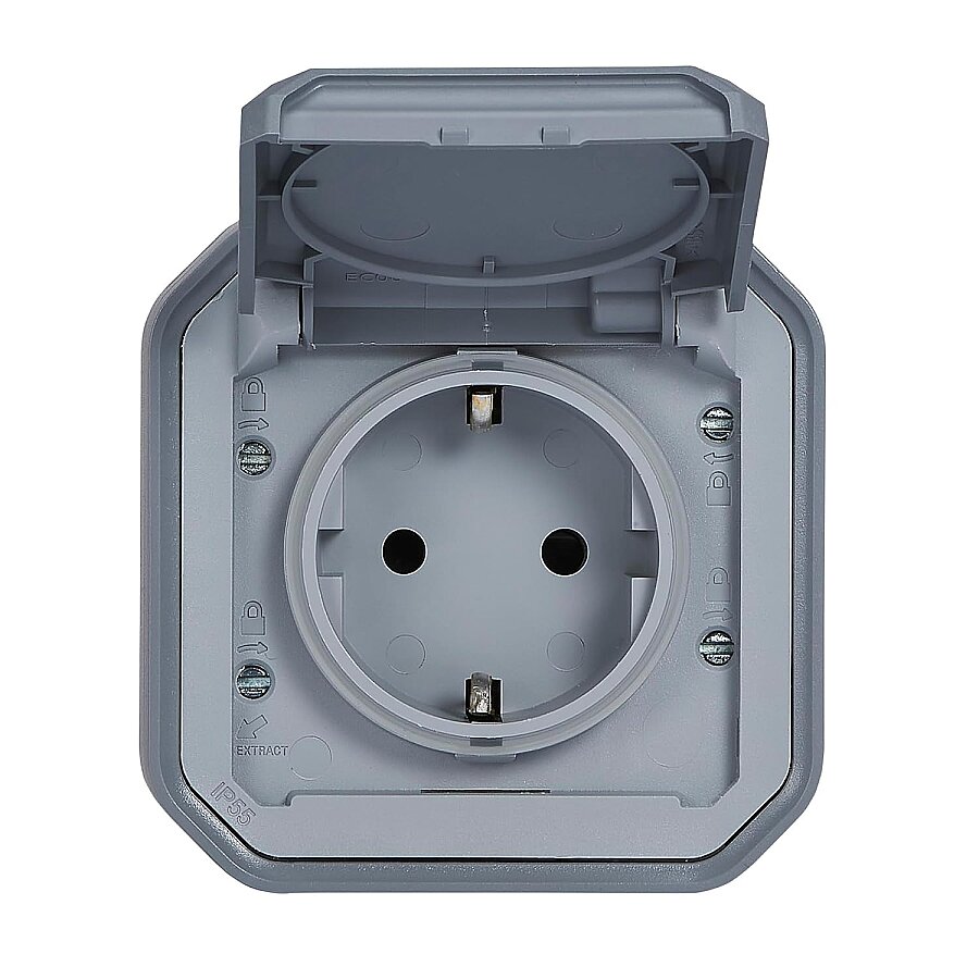 Legrand 069730L Plexo New Sıva Üstü Priz, Gri IP55 IK07 (Kapaklı, Schuko)